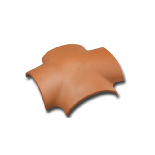 Four-way terracotta roof tile with a cross-like shape for versatile roofing applications