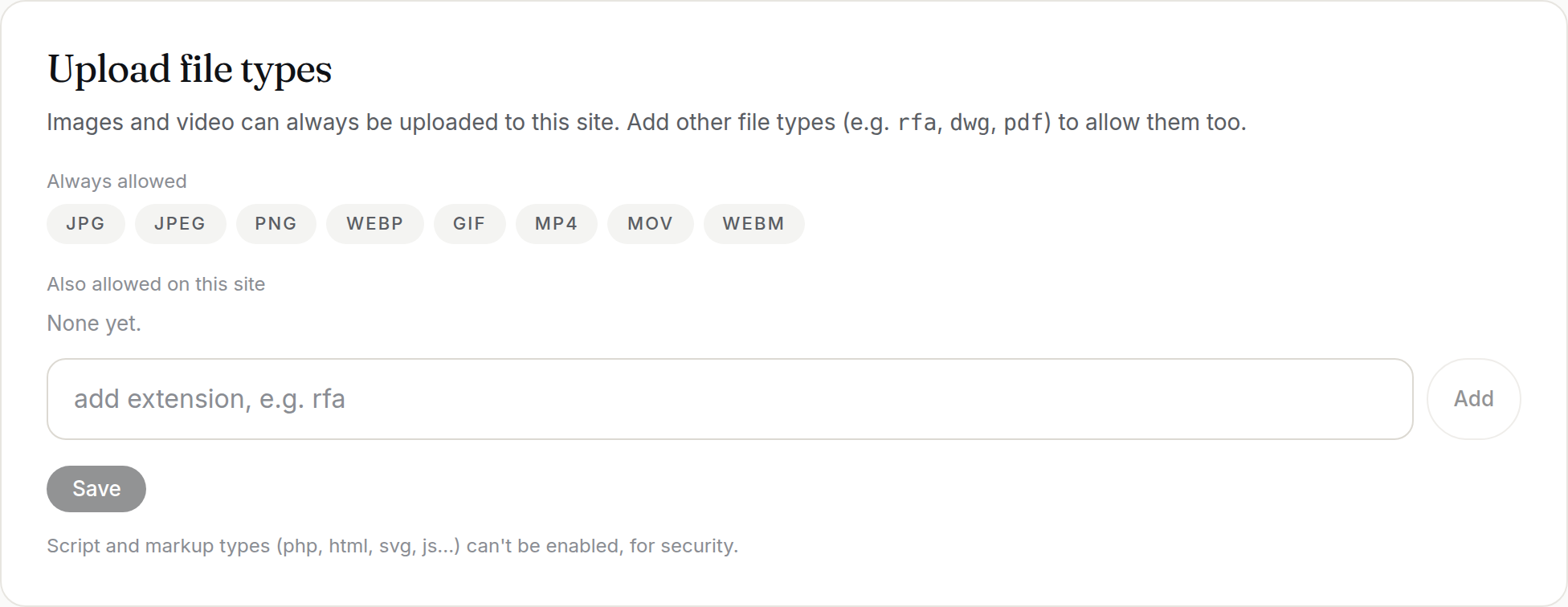 A site's upload file types card