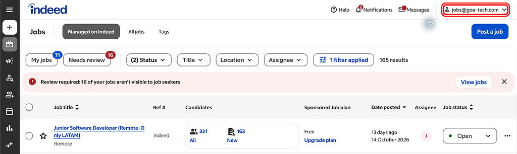 Indeed for Employers signed in as jobs@goa-tech.com, highlighted with a red ring.