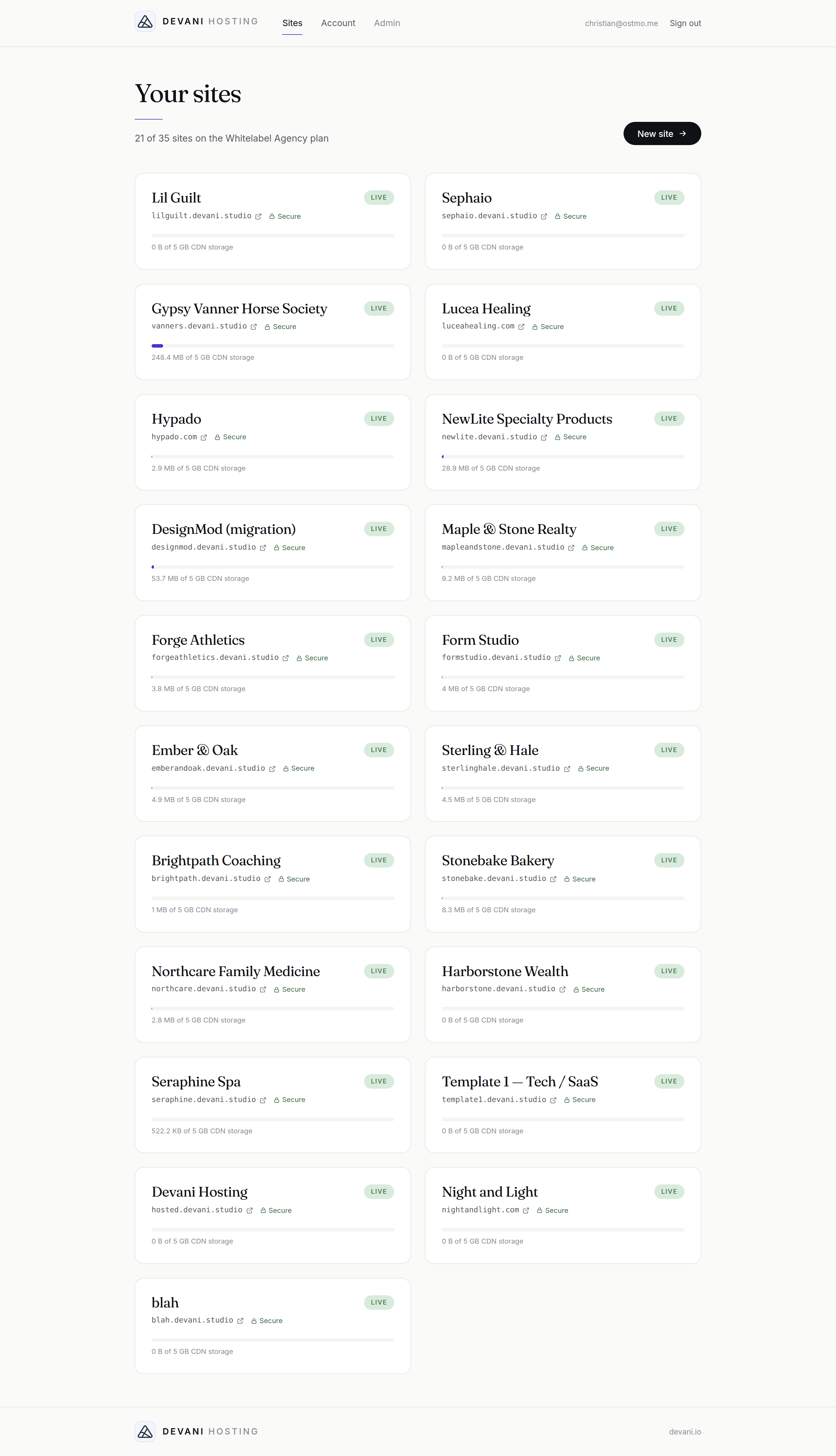 The Devani Hosting dashboard listing all your sites