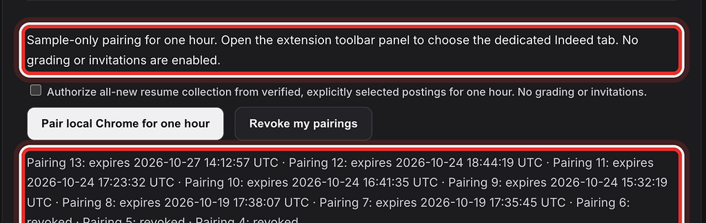 Sample-only pairing message and new pairing line, highlighted with a red ring.