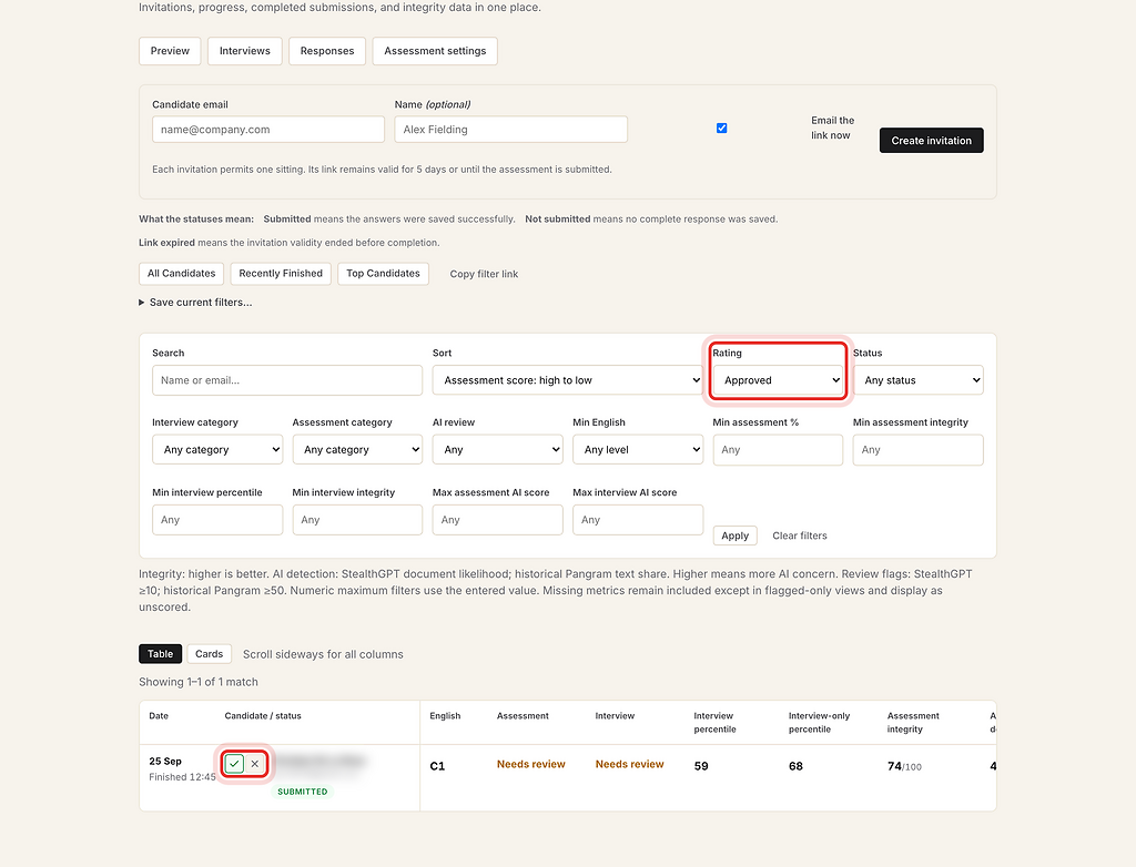 Rating filter set to Approved and an approved candidate, highlighted with a red ring.