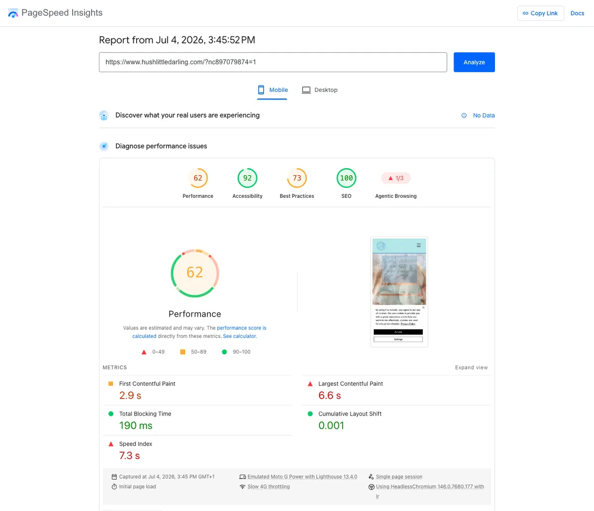 Screenshot of PageSpeed Insights mobile report for a Wix site showing a performance score of 62