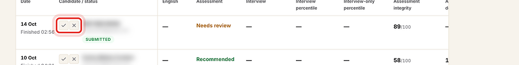 Approve and Reject buttons on a candidate row, highlighted with a red ring.
