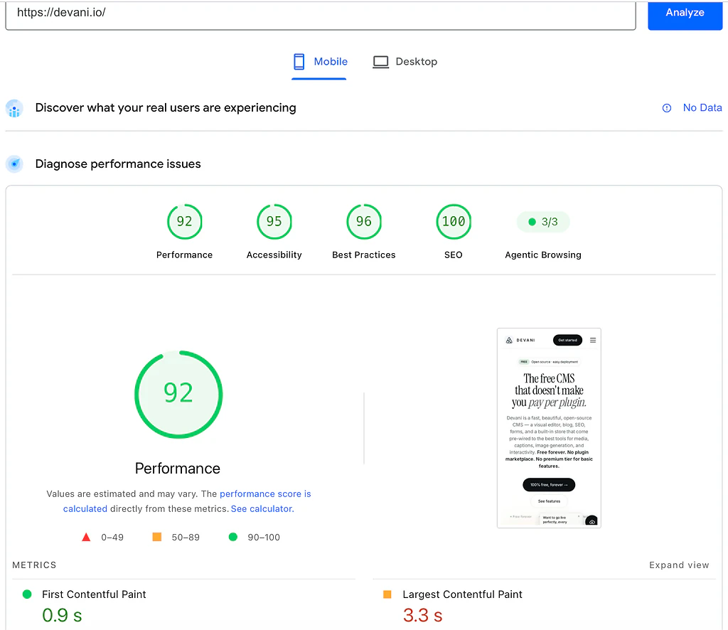 Devani mobile PageSpeed Insights lab report showing a 92 performance score