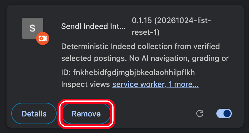 Remove button on the extension card, highlighted with a red ring.