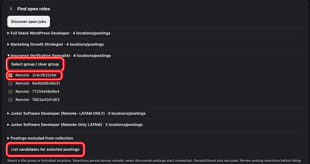 Select group / clear group, a ticked location and List candidates for selected postings, highlighted with a red ring.