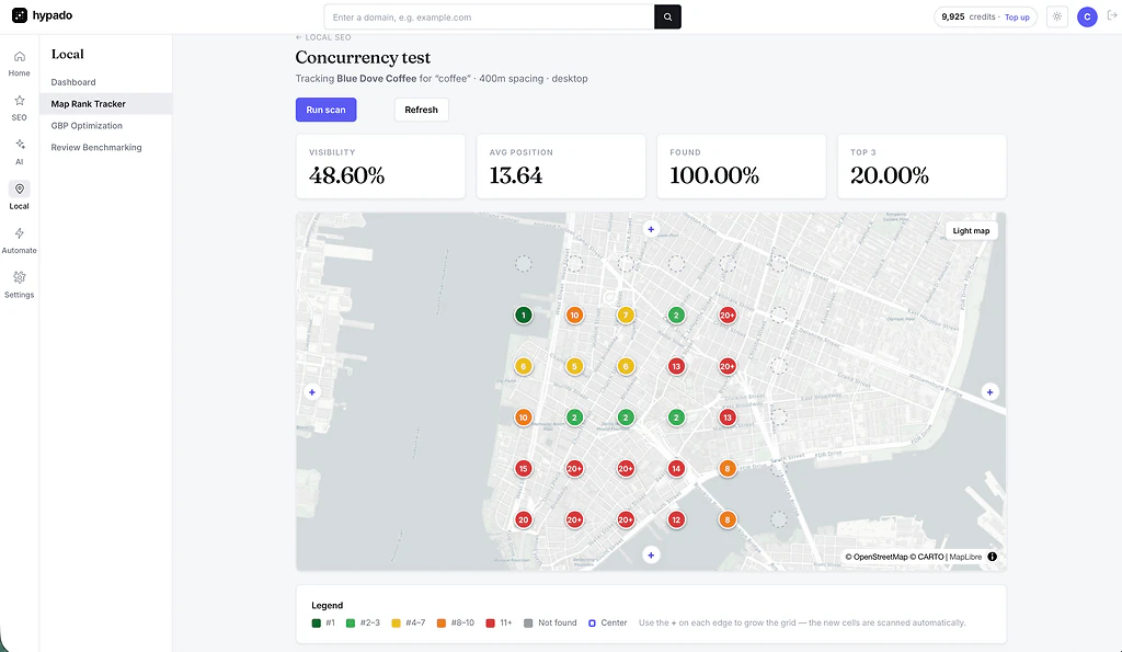 Hypado Map Rank Tracker: numbered ranking pins across a downtown map grid, with visibility, average position, found and top-3 stat cards