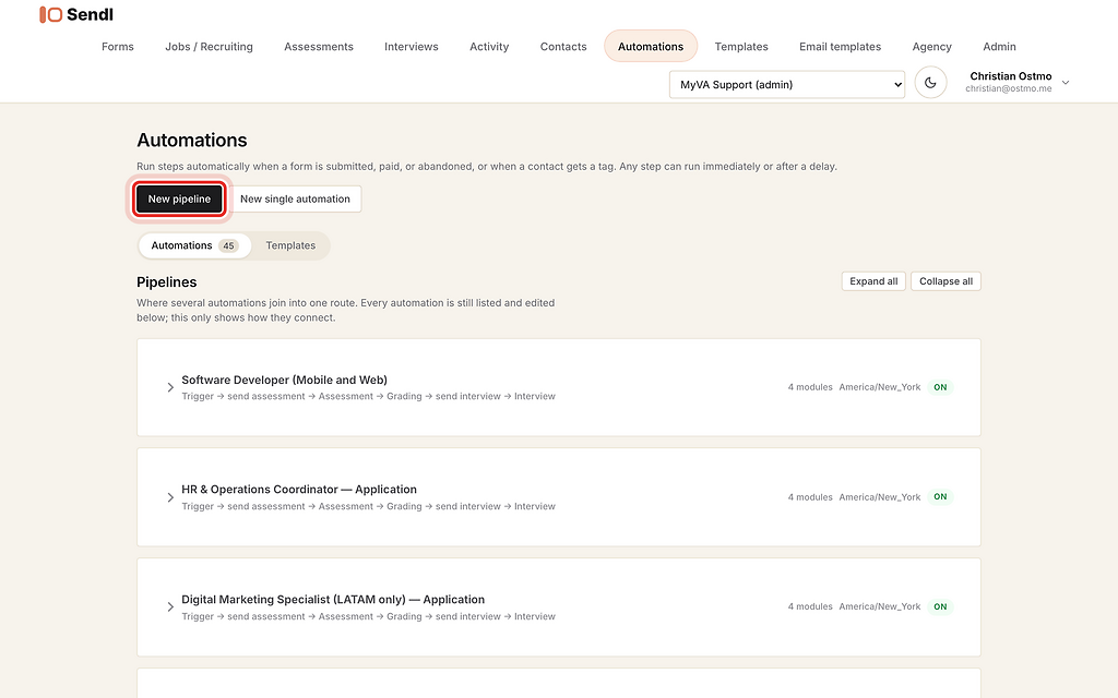 New pipeline button on Automations, highlighted with a red ring.