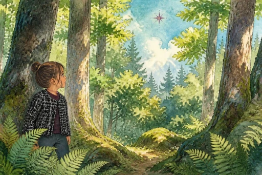 Watercolor and Ink art style — child peeking into a sunlit forest
