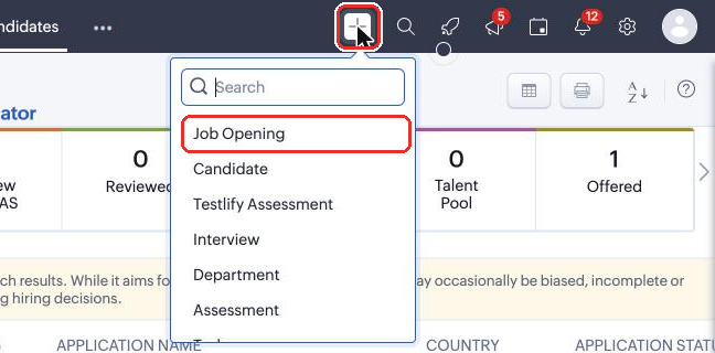 The + menu in Zoho Recruit with Job Opening, highlighted with a red ring.
