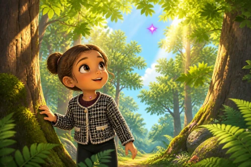 Soft Cartoon art style — child peeking into a sunlit forest
