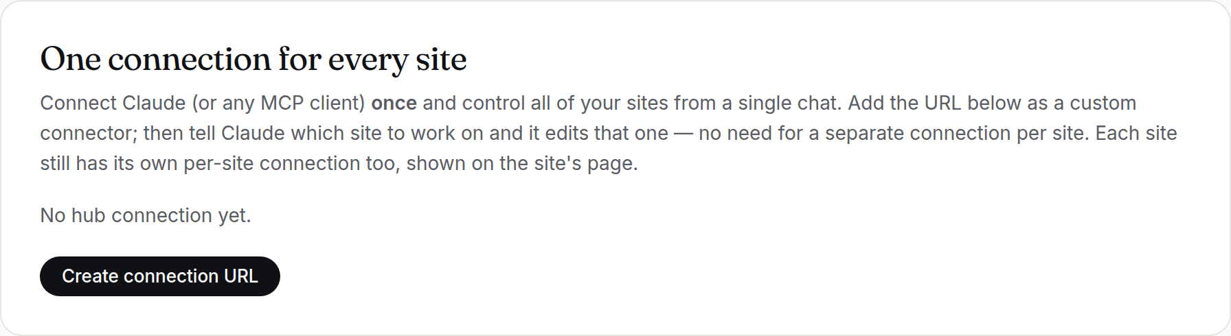 The hub MCP connection card in the Devani Hosting account page
