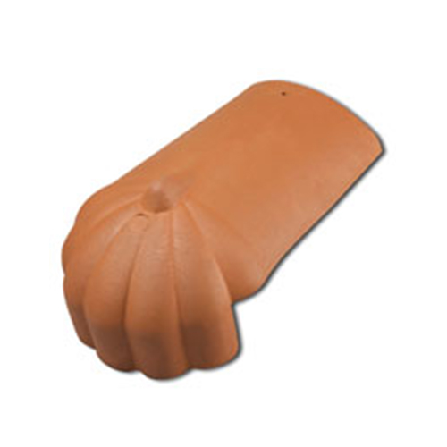 Clay roof hip starter tile in terracotta hue with intricate design for seamless roof alignment.