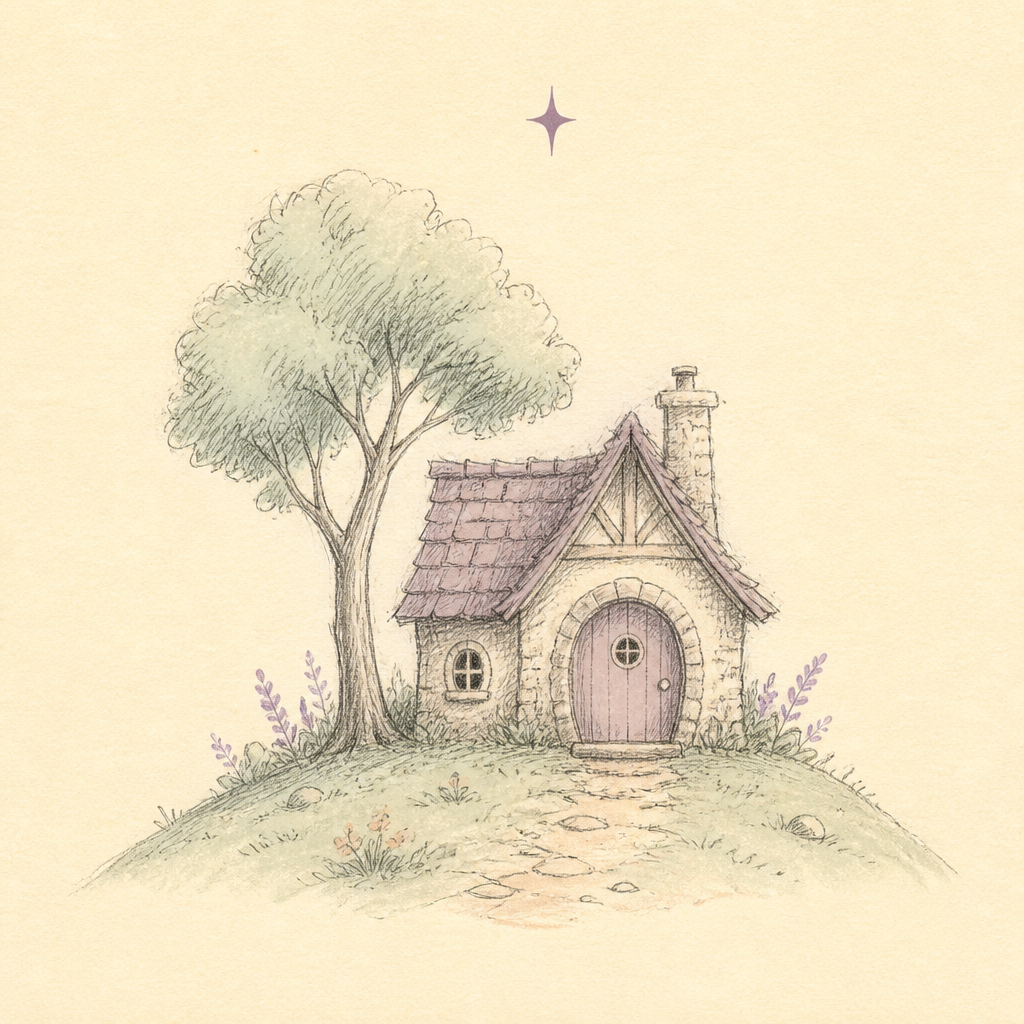 Pencil sketch style — cottage and tree comparison scene