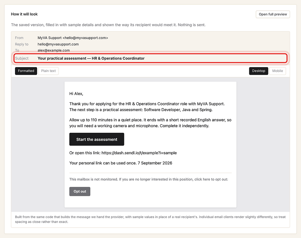 Subject line in the invitation e-mail preview, highlighted with a red ring.